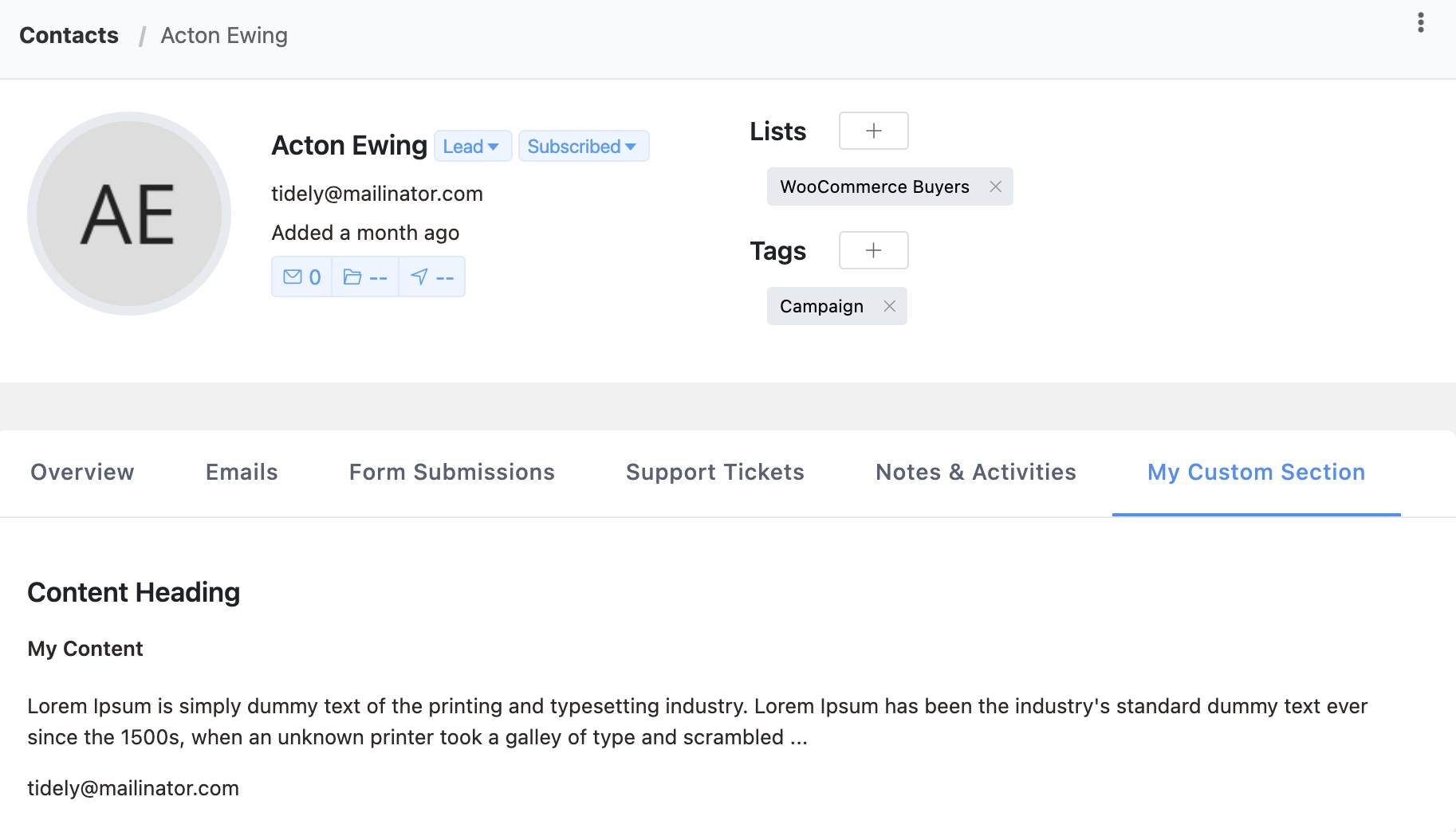 Custom Contact Profile Section